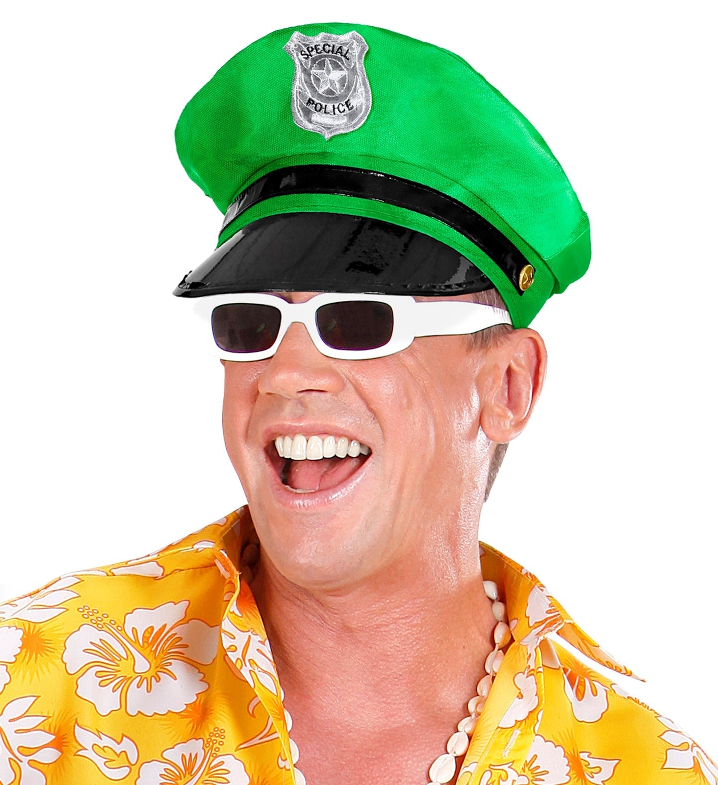 Neon grüne Polizeikappe mit breiter Krempe, verstellbar aus Baumwolle, ideal für den Sommer.