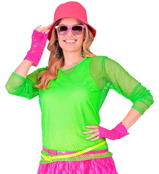 Neon grünes Netzshirt mit langen Ärmeln, ideal für 80er-Partys und JGA.