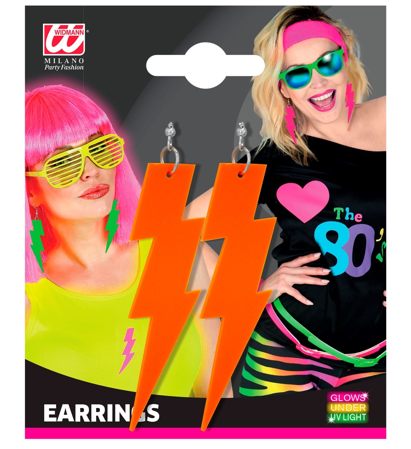 Neon-orangefarbene Blitz-Ohrringe aus Acryl mit Clip-On, inspiriert von den 80er Jahren.