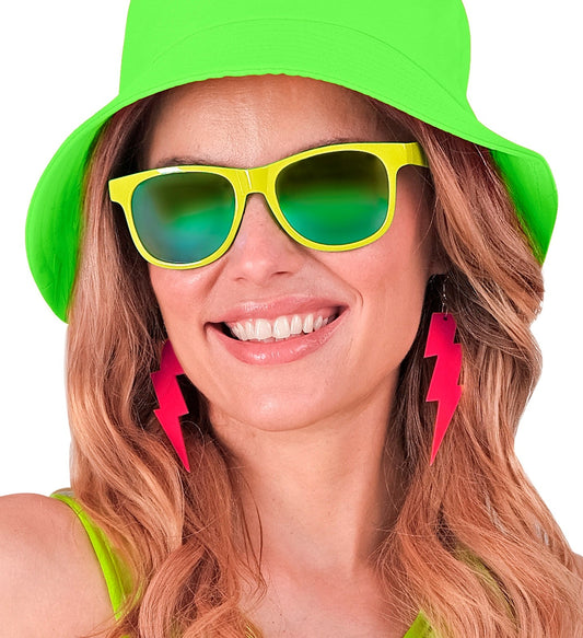 Neonpink Acryl-Ohrringe in Blitzform für einen auffälligen 80er Jahre Look.