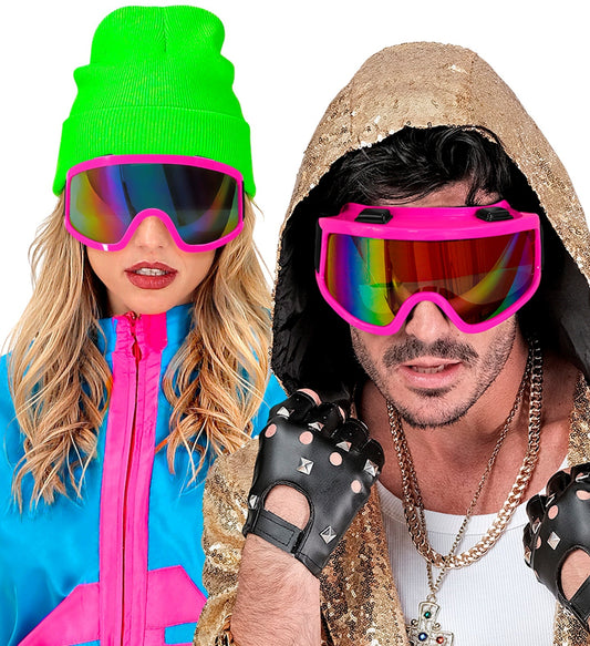 Neonpinkfarbene Skibrille im 80er-Jahre-Stil mit UV-Schutz und verstellbarem Band