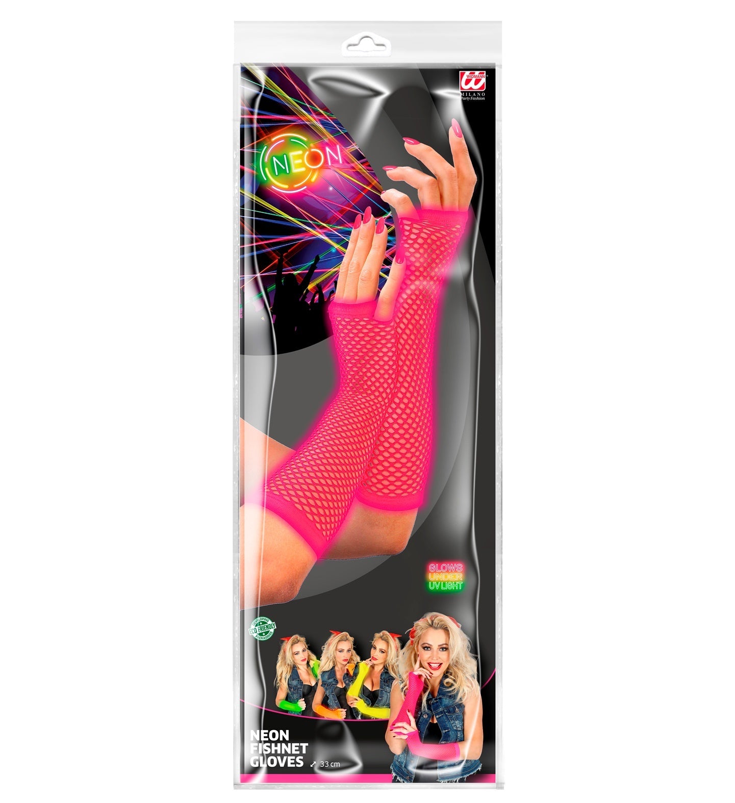 Neon-pinke, fingerlose Netz-Handschuhe in 33 cm Länge für Festivals und Events.