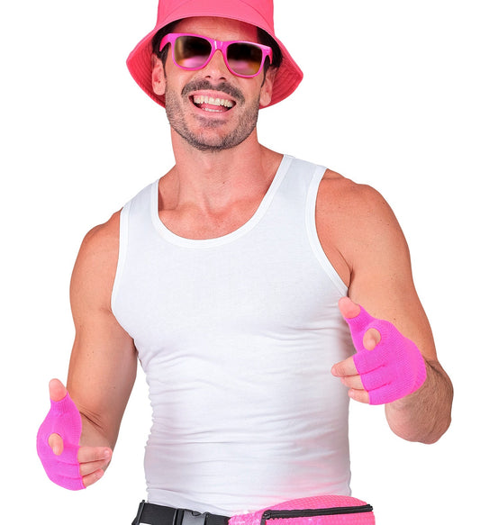 Fingerlose Wollhandschuhe in Neon Pink mit Strickbund, warm und bequem für kalte Tage.