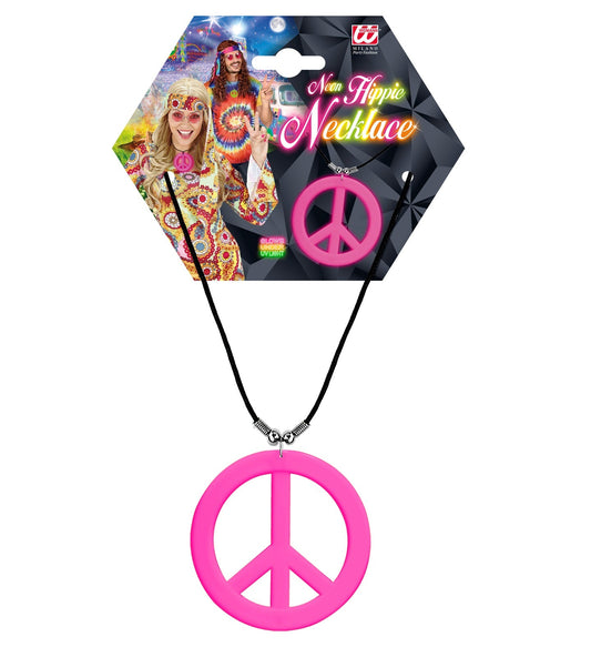 Neon pink peace sign necklace with UV-glowing beads on adjustable black chain.