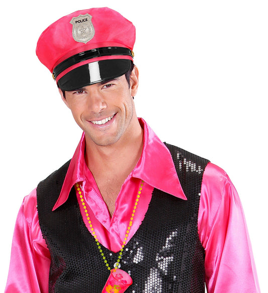 Neonpinkes Polizeihut mit Schirm aus leichtem Material für Karneval und Kostümpartys.