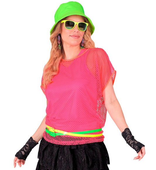 Neon-pink Netzshirt mit kurzen Ärmeln, ideal für Partys und lässige Outfits.