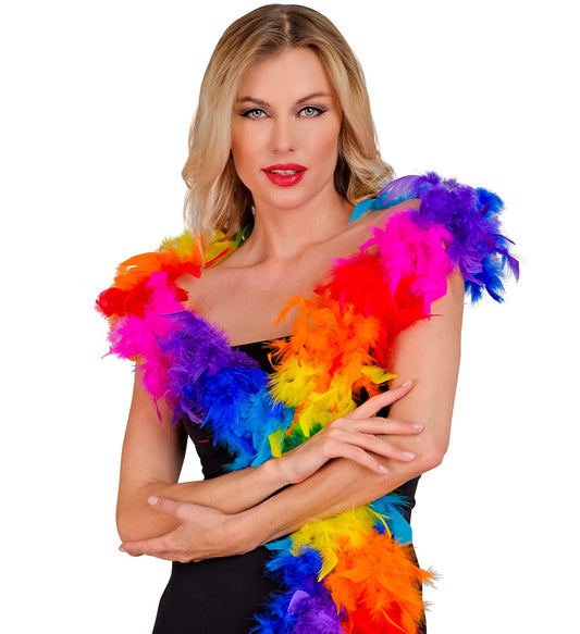 Blonde woman wearing a vibrant neon rainbow feather boa over black dress.