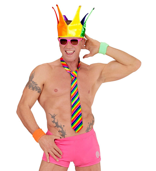 Leuchtende Neon-Regenbogen-Krawatte aus glänzendem Satin.