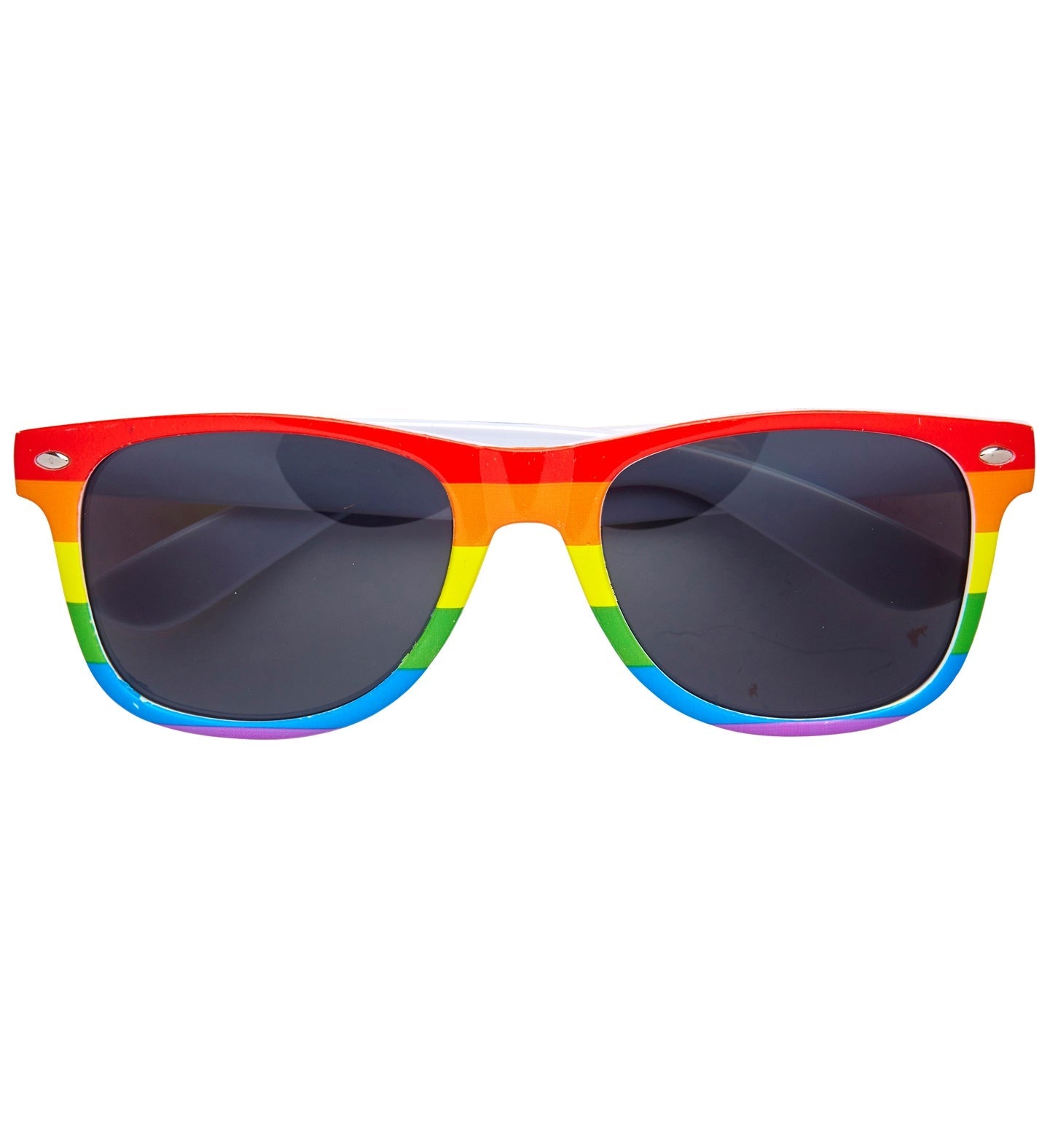 Neon rainbow party sunglasses with dark UV400 lenses and colorful frame.