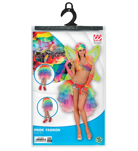 Neon rainbow tie-around tutu skirt with UV-reactive pride rock design on package.