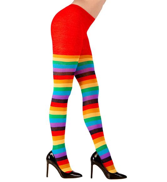 Woman's neon rainbow striped tights on leg with high heels.