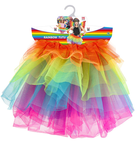 Neon rainbow half-length tulle tutu petticoat skirt on hanger.