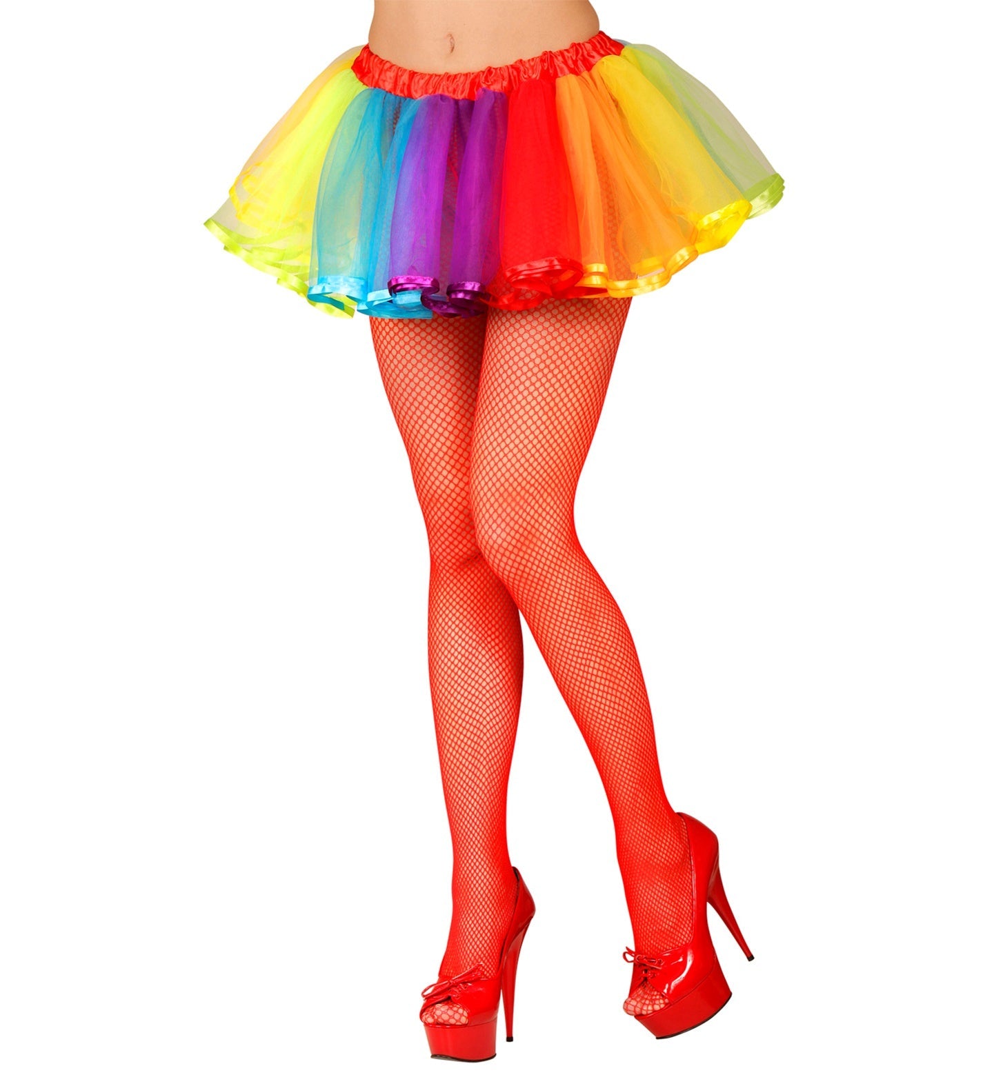 Short layered neon rainbow tutu petticoat with mesh skirt and elastic waistband.