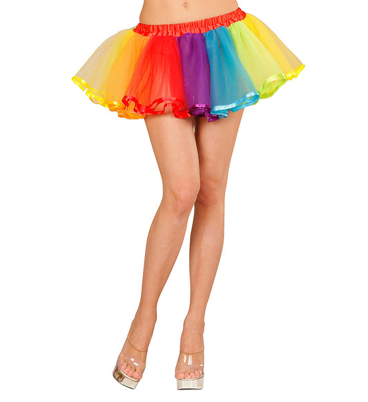 Short neon rainbow tutu petticoat with layered mesh skirt and elastic waistband.