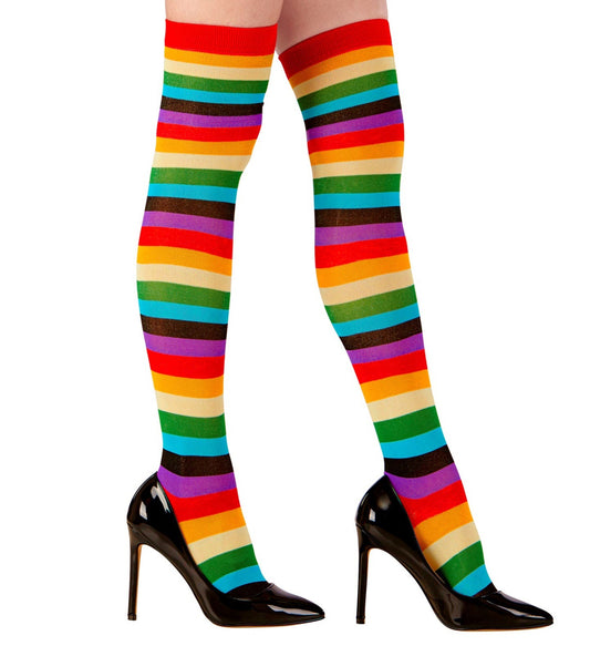 Colorful neon rainbow over-the-knee stockings on legs with black heels.