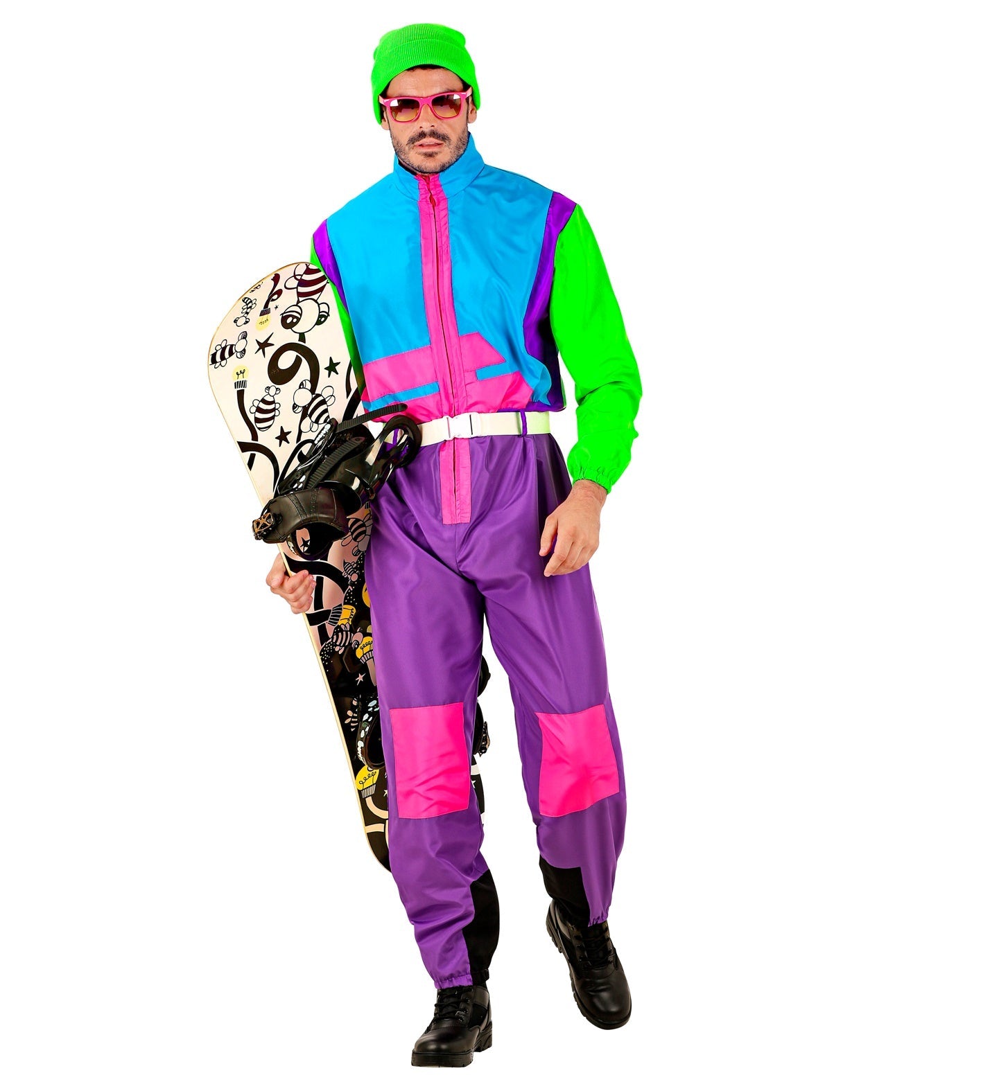 Man in neon green, blue, and purple snowboarder jumpsuit holding a snowboard.