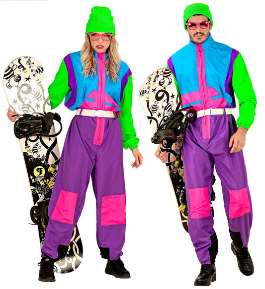 Couple in neon green, blue, and purple snowboarder jumpsuits holding snowboards.