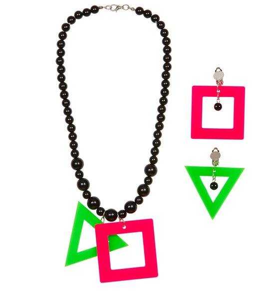 Neon necklace with black beads and pink/green geometric earrings set.