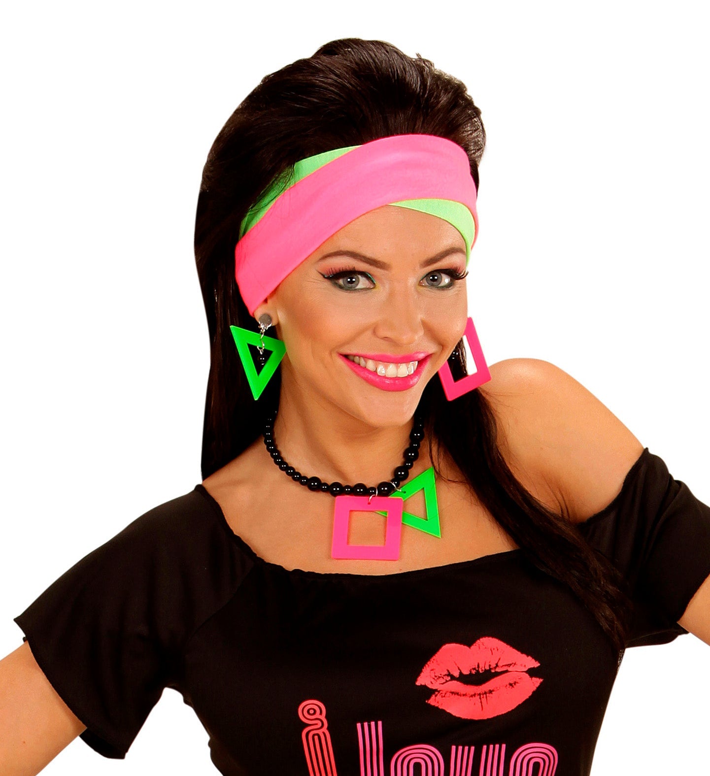 Woman wearing pink and green neon UV-reactive necklace and earrings with black outfit.