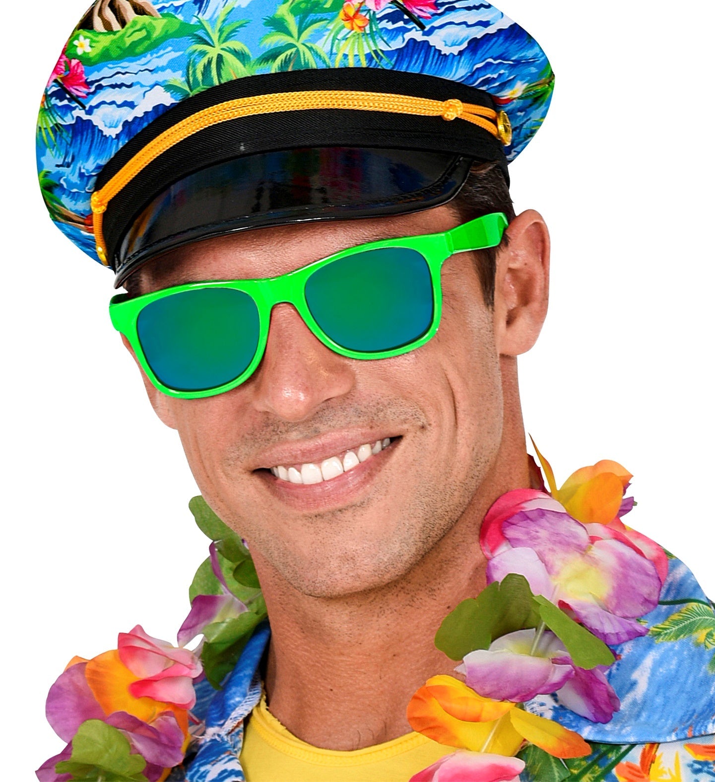 Neongrüne 80er-Sonnenbrille mit Revo-Gläsern und UV-400-Schutz.