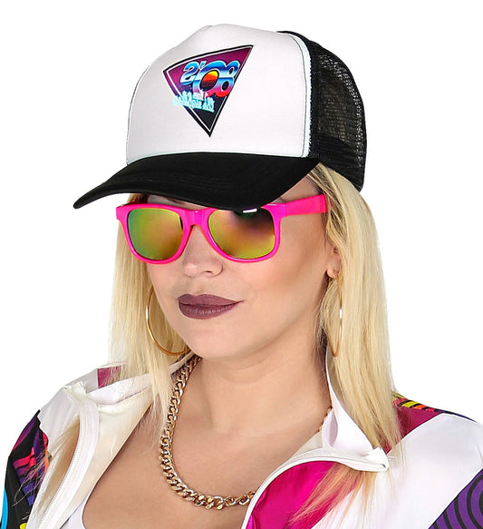 Neon pink 80s party sunglasses with reflective Revo lenses and UV400 protection.