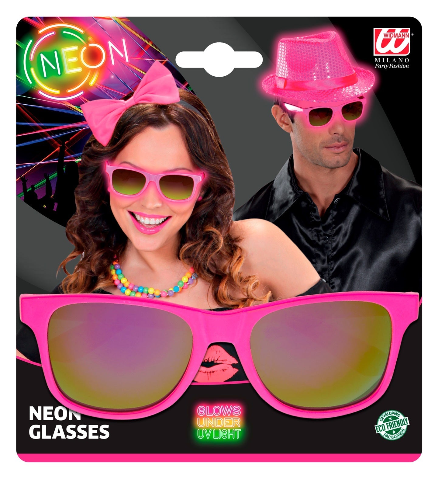 Neon pink 80s party sunglasses with reflective Revo lenses and UV400 protection.