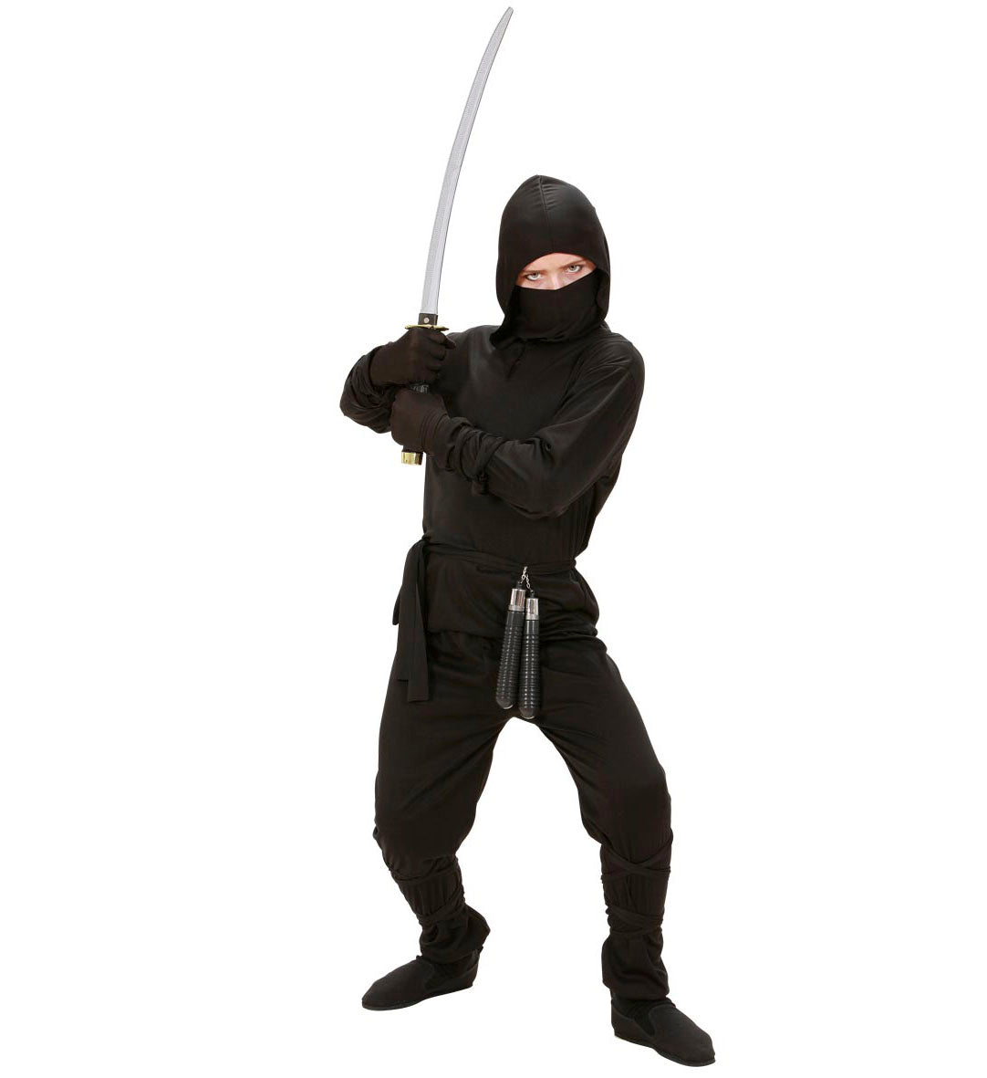 A child in a black ninja costume with hooded top, pants, mask, sword, and nunchucks.