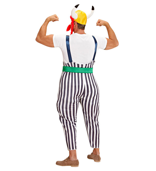 Obelix Kostüm mit blauer Maxi-Hose, Helm mit Zöpfen und selbstklebendem Schnurrbart