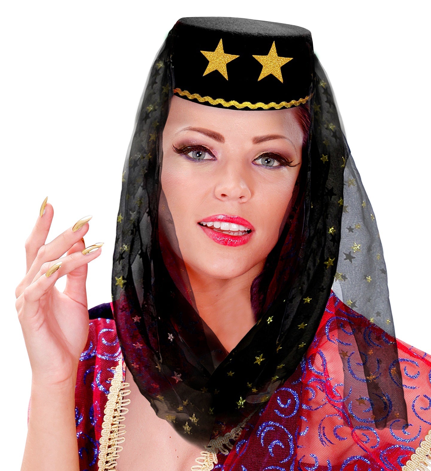 Schwarzer orientalischer Haremshut mit leichtem Schleier als Kostümaccessoire für Damen