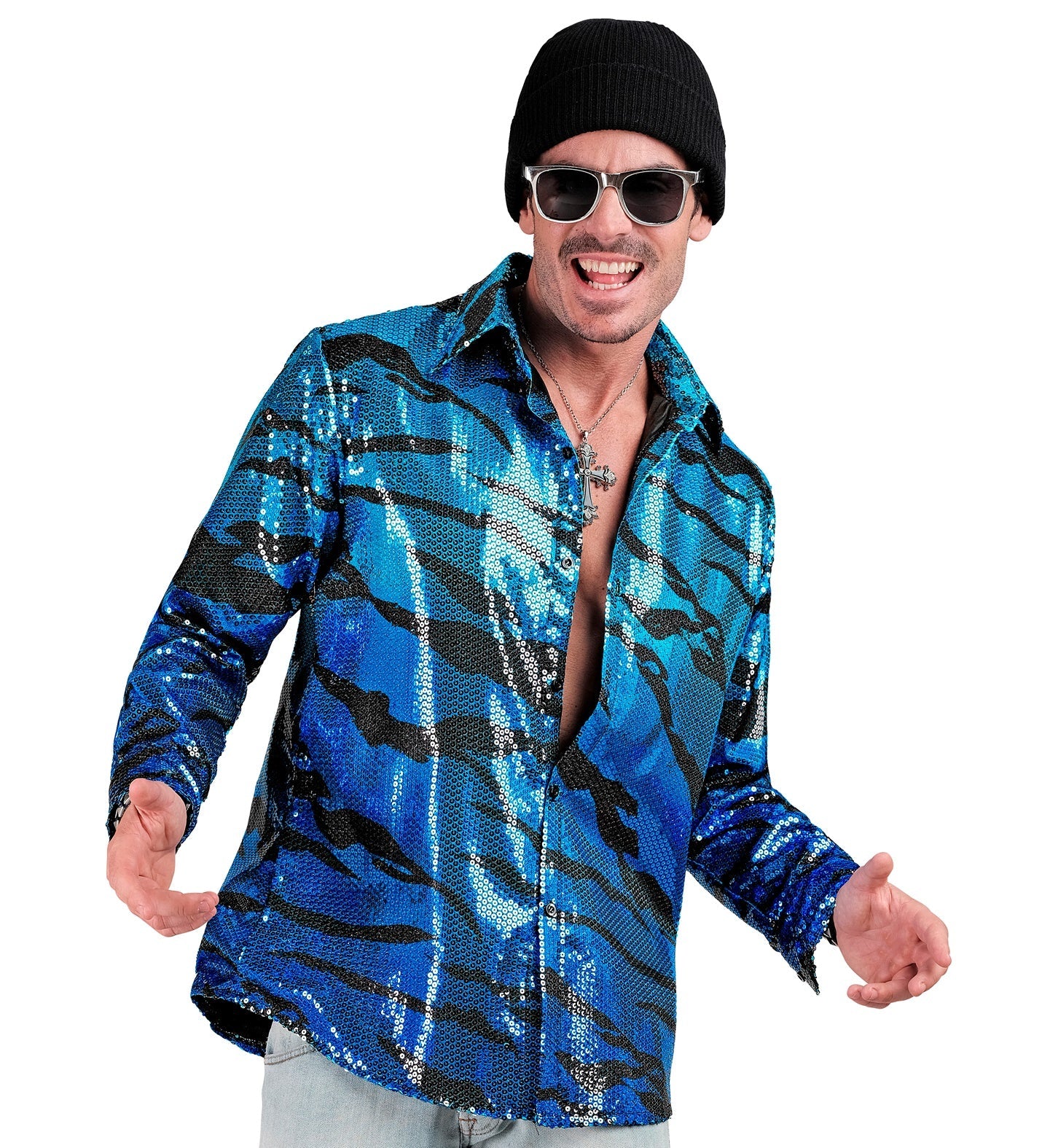 Man in blue and silver sequin zebra-print shirt, open collar, smiling.