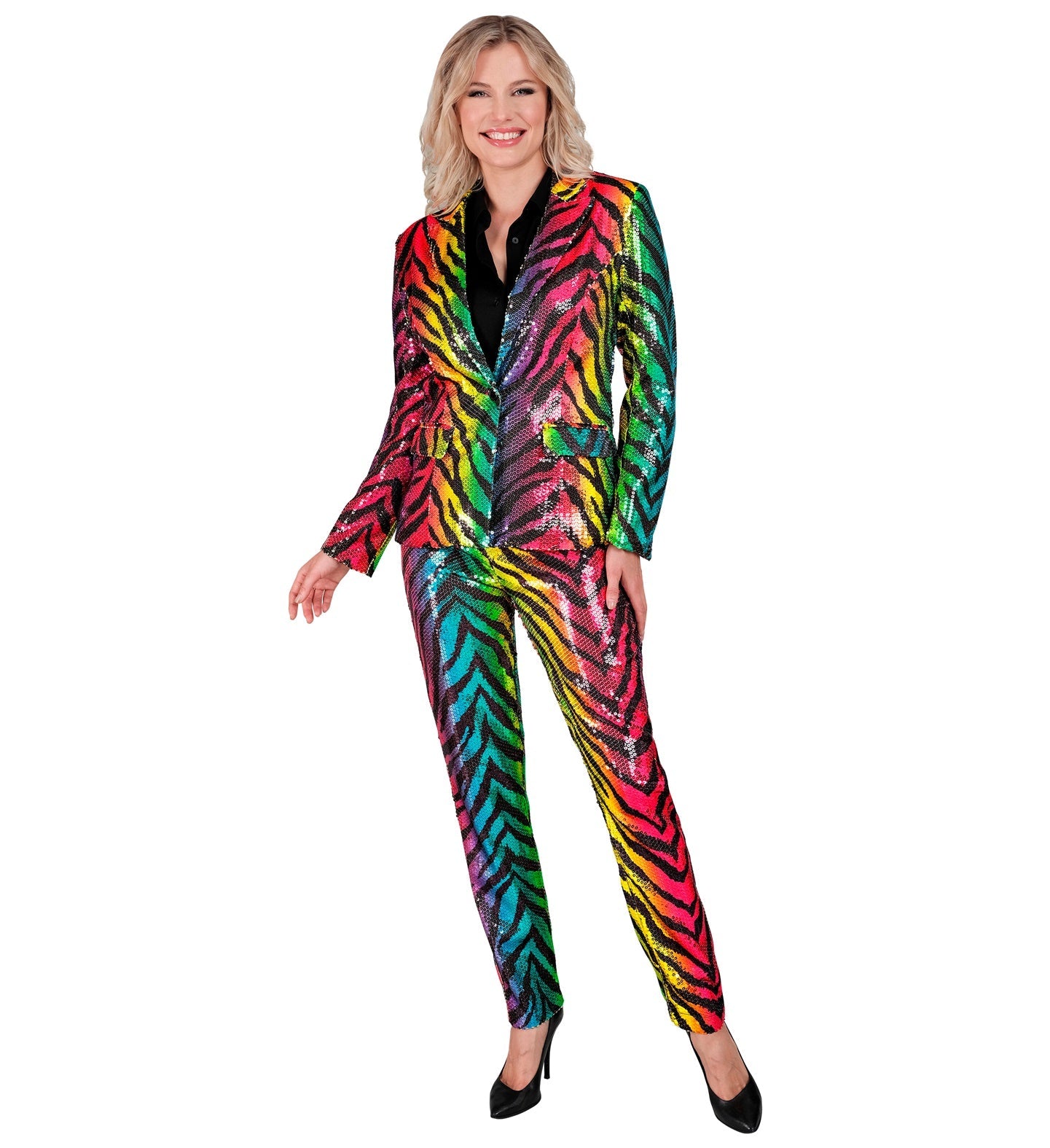 Rainbow sequin tiger print women's pants with sparkling multicolored stripes.