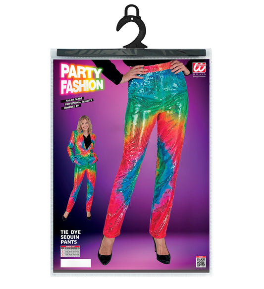 Glitzernde Tie-Dye-Regenbogen-Pailletten-Damenhose in Medium-Größe auf Verpackung.