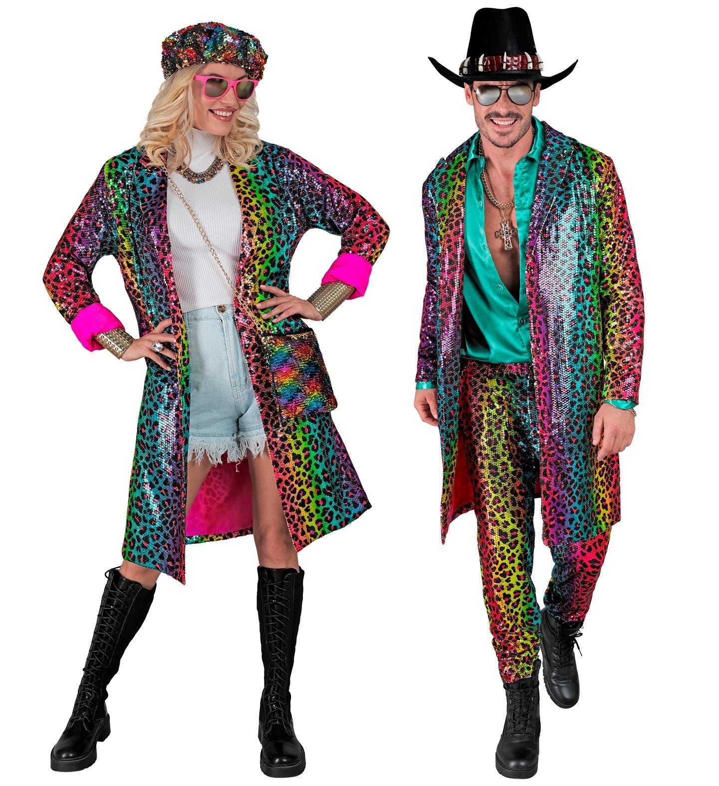 Unisex rainbow leopard sequin jacket with beret and cowboy hat on models.