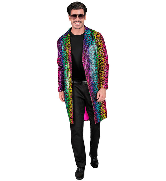 Unisex rainbow leopard sequin jacket worn by a smiling man in sunglasses and black pants.