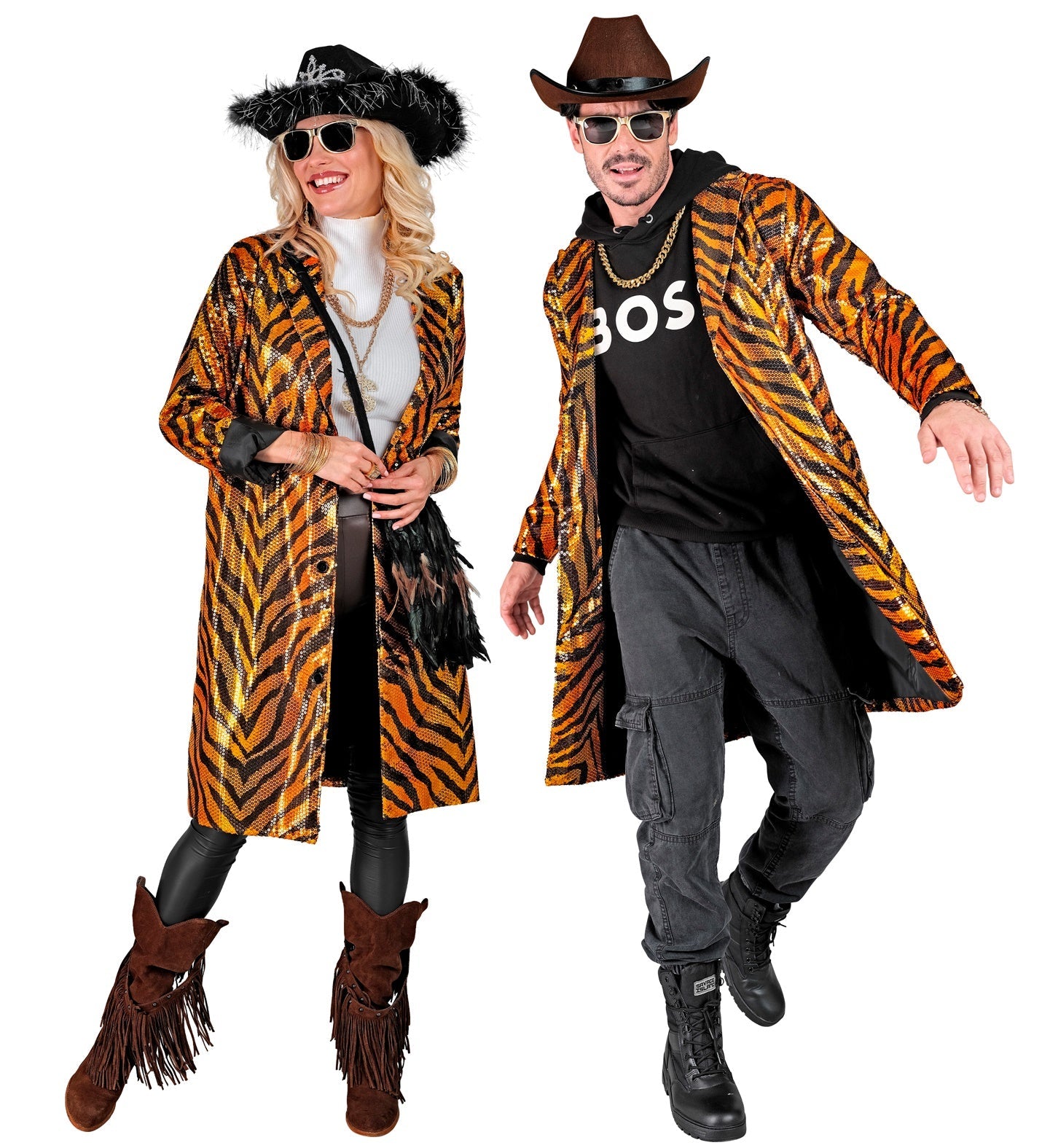 Unisex sequin tiger print jacket worn by a smiling couple posing dynamically.