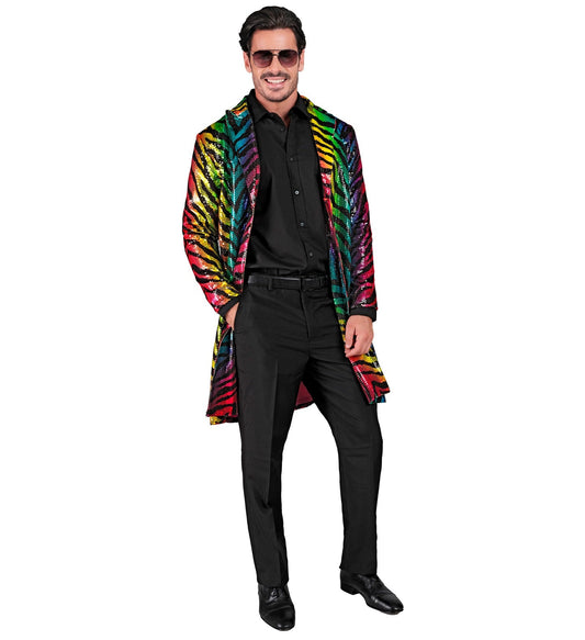 Man in rainbow sequin tiger print jacket with black shirt and pants for carnival costume.