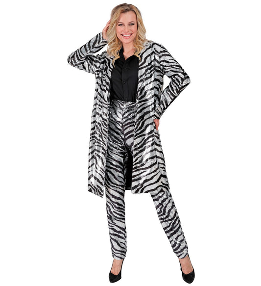 Herren Pailletten-Mantel mit Zebramuster, silbern schimmernd, Größe M.