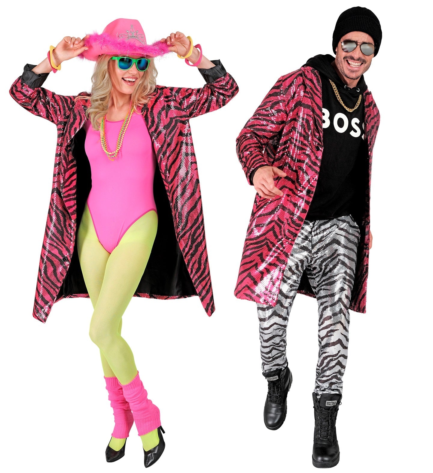 Men's neon pink sequin zebra print jacket with open front and relaxed fit.