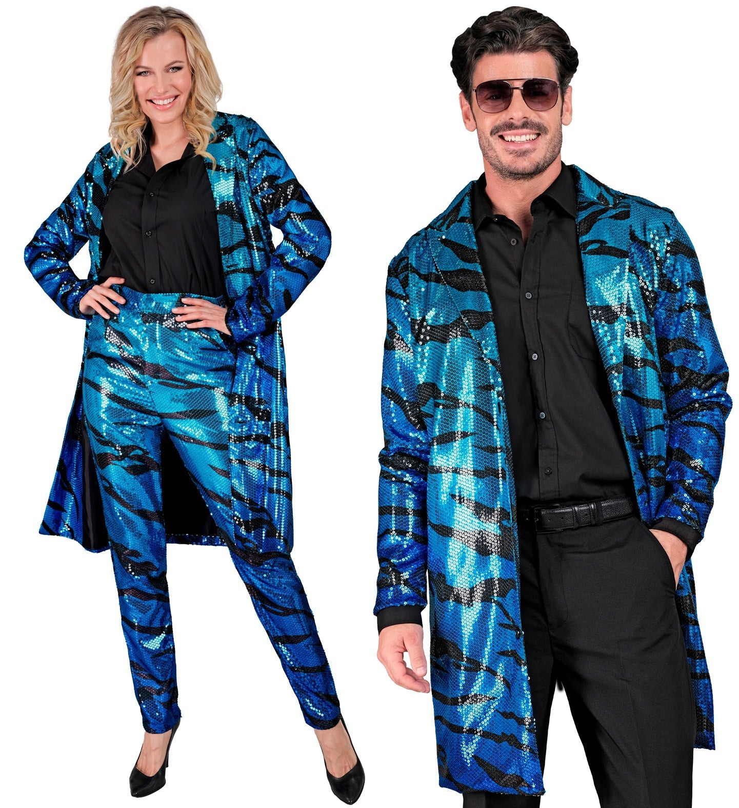 Men's blue sequin jacket with waves pattern in rock star style.