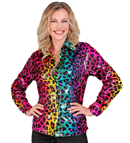 Oversized Widmann Bluse mit Regenbogen-Pailletten in Leopard-Optik.