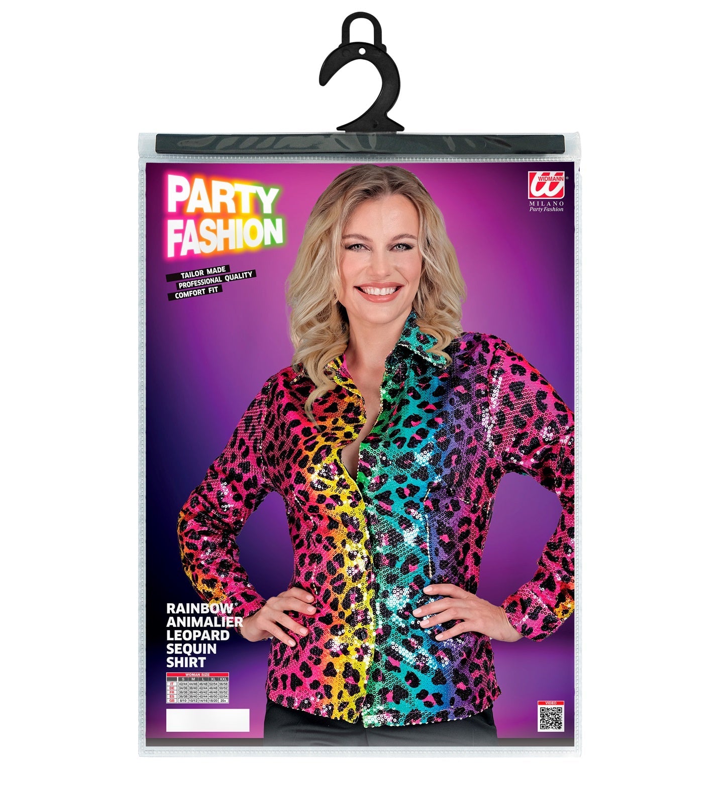 Oversized rainbow sequin leopard print blouse by Widmann, front view on purple background.