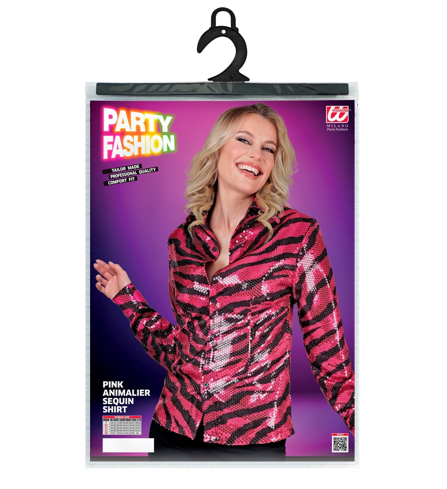 Paillettenbluse in pink-schwarzem Zebramuster aus Chiffon mit transparenten Ärmeln.