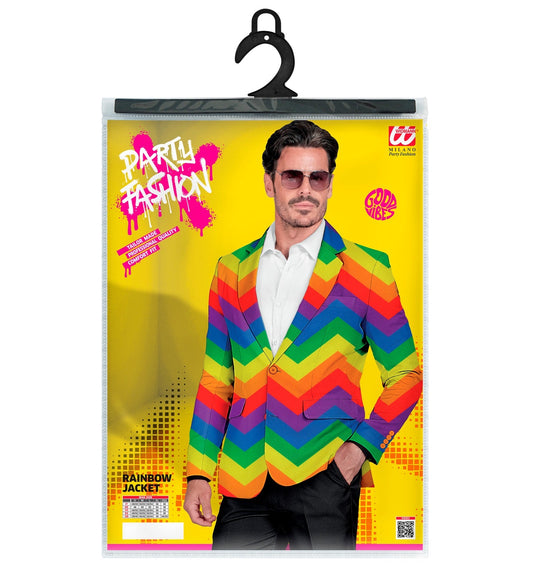 Unisex neon rainbow zigzag jacket on yellow packaging with party fashion design.