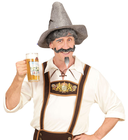 Graue Salz-und-Pfeffer-Widmänner-Bayerische Perücke mit passendem Schnurrbart und Bart.