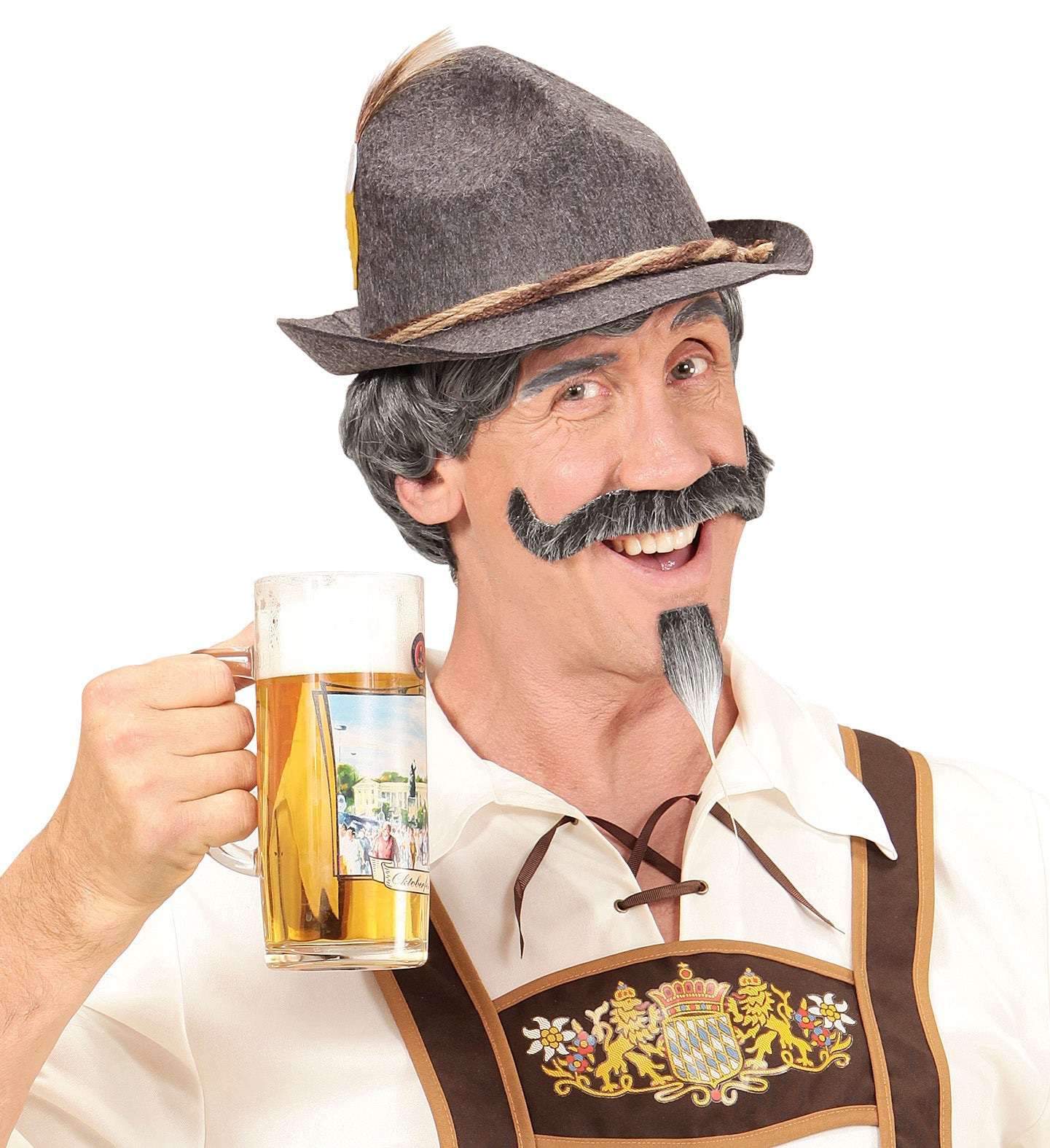 Graue Salz-und-Pfeffer-Widmann-Bayerische Perücke mit passendem Schnurrbart und Bart.