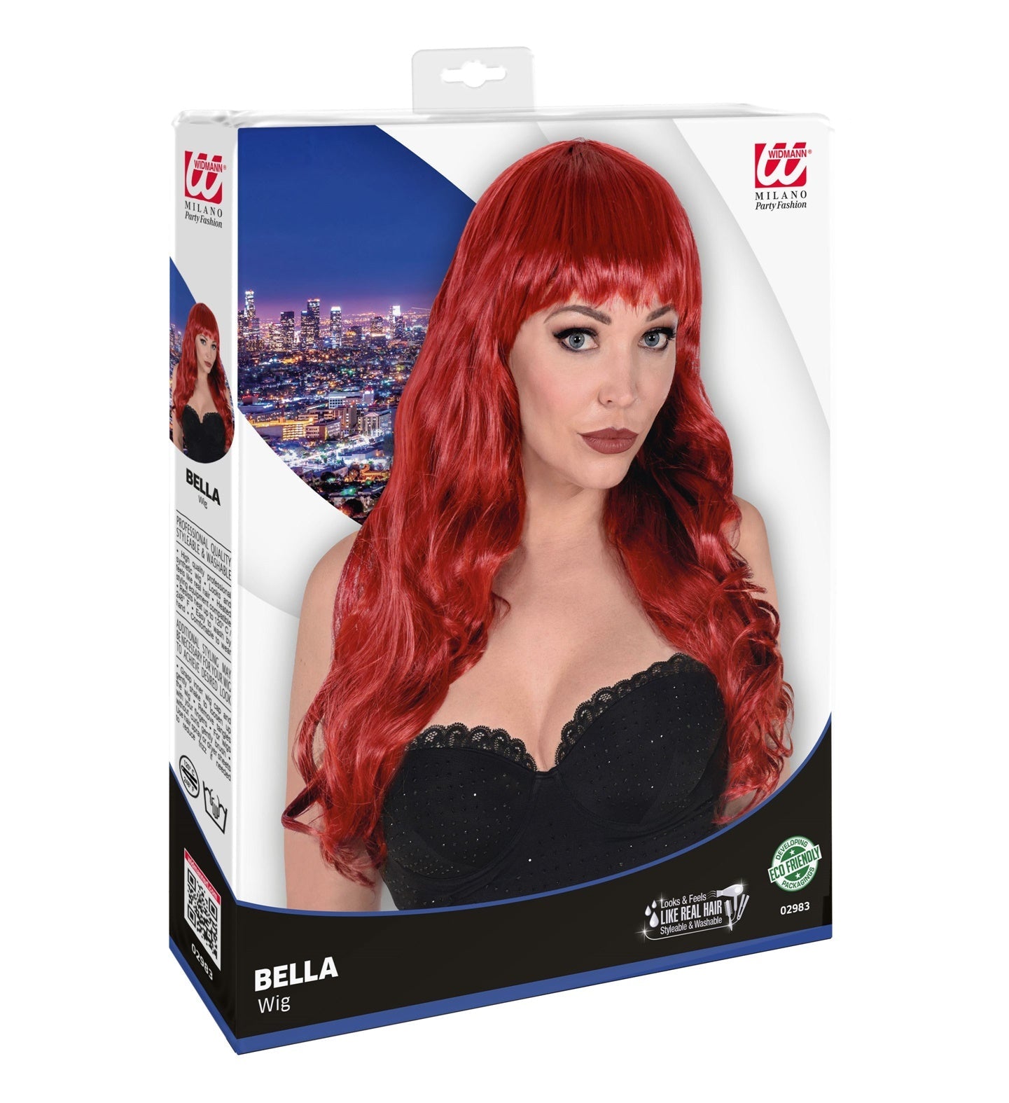Widmann Bella women's wig in copper color with natural curls, shown on box.