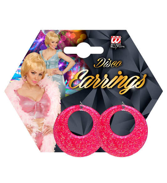 Neon pink glitter 70s drop earrings on hypoallergenic hooks.