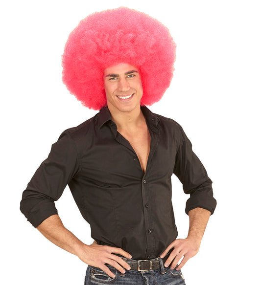 Voluminöse, pinke Afro-Wig mit elastischem Innennetz für Erwachsene, ideal für Partys.