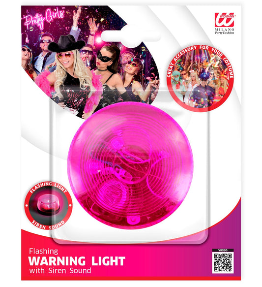 Compact neon pink warning light with siren sound on Widmann packaging.