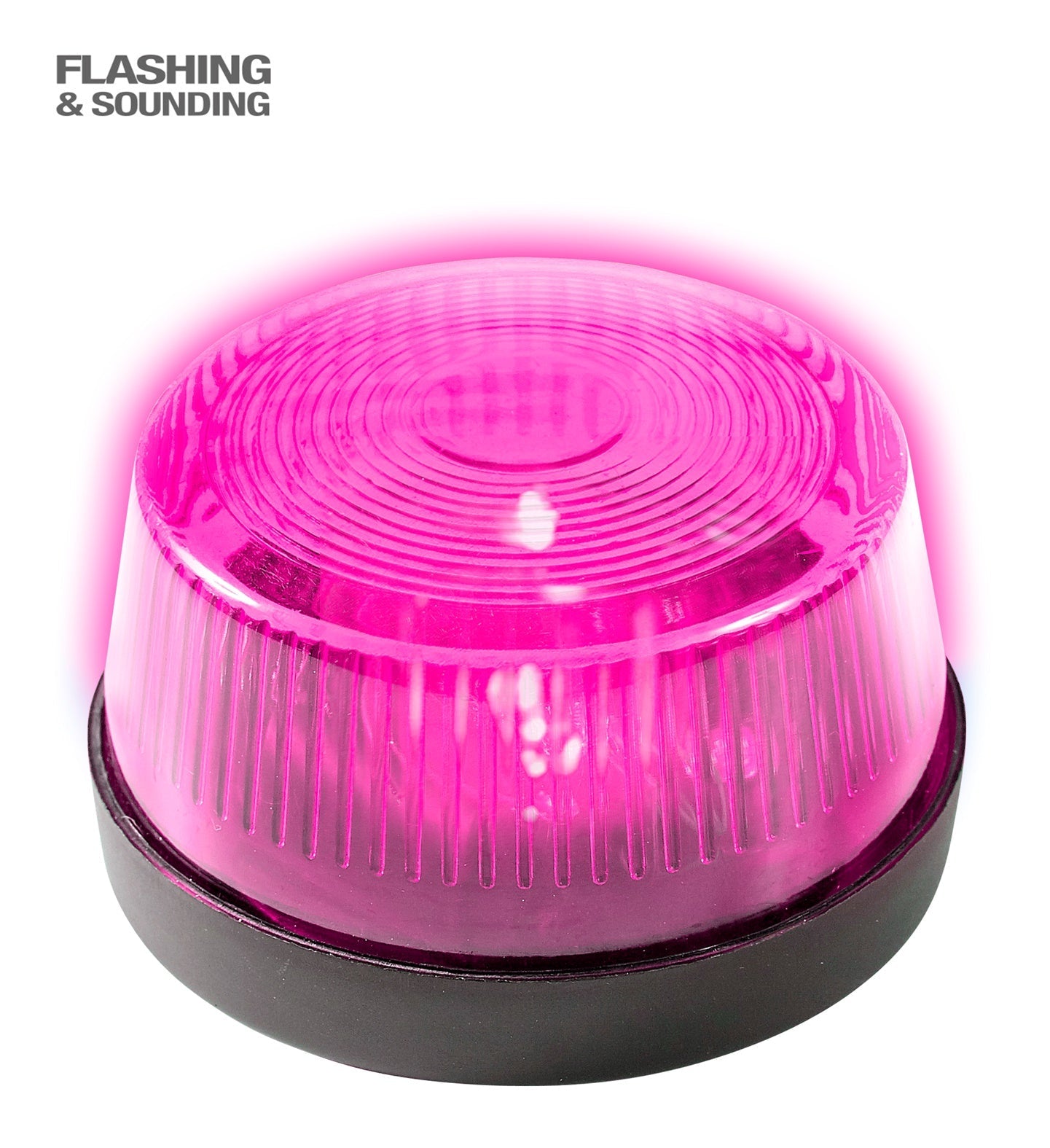 Compact neon pink warning light with flashing strobe and siren, on black base.